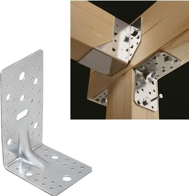 A metal corner bracket is shown on a white background, and a close-up of several metal corner brackets used to join wooden beams is shown on a black background.