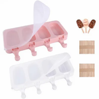 Productafbeelding van Siliconen ijsvormen voor cake pops en ijsjes, 2 stuks met deksel en 100 houten stokjes