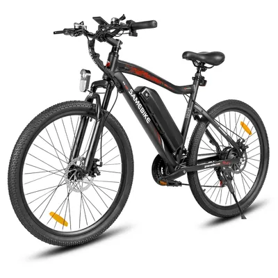 A black electric mountain bike is shown against a white background.