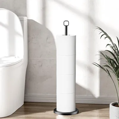 Image de Porte-rouleau de papier toilette sur pied avec compartiment de rangement, porte-rouleau de papier toilette sur pied en acier inoxydable, noir, pour salles de bains et toilettes.