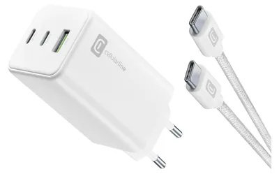 A white multi-port USB charger and two USB-C cables are shown against a white background.