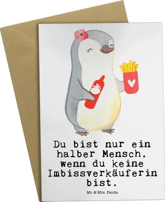 Produktbild von Mr. & Mrs. Panda Klappkarte Imbissverkäuferin Herz - Weiß - Geschenk, Pommesverkäuferin, Witzig, osterkarten, Spruch, dankeskarten, einladungskarten, glückwunschkarten