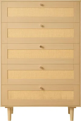 Zdjęcie produktu dla VEVOR rattanowa komoda z 5 szufladami, metalowymi uchwytami i drewnianymi nogami, nowoczesna rattanowa szafka do sypialni, salonu, przedpokoju (70,2x40x106,5 cm) szafka z szufladami na garderobę