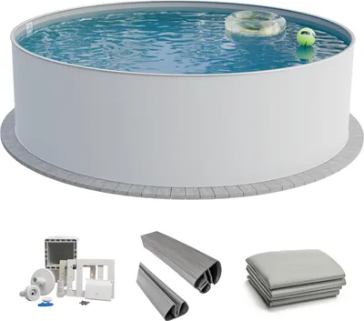 Produktbild von Fresh-Pool Profi Stahlwandpool Set rund, 420x150 cm, Stahl 0,8 mm weiß, Folie 0,8 mm grau, Einhängebiese