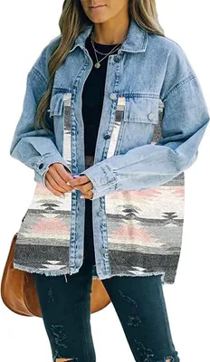 Produktbild von ASKSA Damen Jeansjacke Revers Langarm Vintage Button Down Oversize Boyfriend Cardigan Print Hemdjacke, Rosa, S