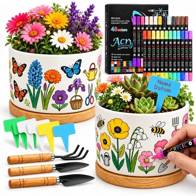 Image de Kit de peinture sur céramique pour enfants : pot de fleurs à décorer, pots de fleurs ronds