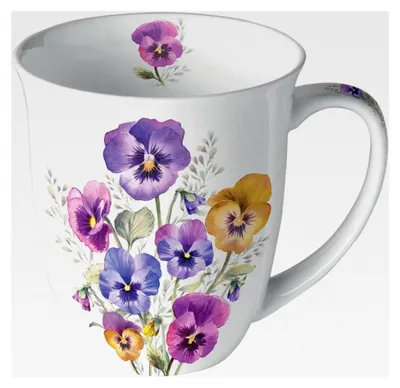 Produktbild von Teetasse Kaffeetasse Becher 0,4l mit Stiefmütterchenmotiv aus Fine Bone China Porzellan