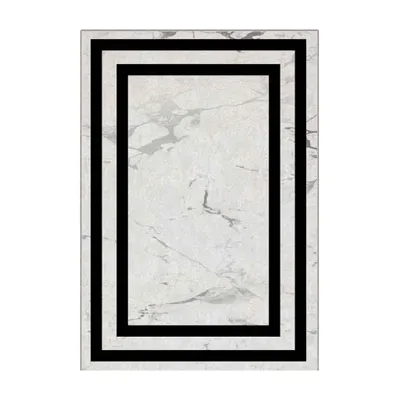 Produktbild von Teppich in Weißer Marmoroptik mit schwarzem Rahmen – 160x230 cm, rutschhemmend, Polyester-Samt, waschbar