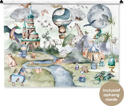 Produktbild von MuchoWow® Wandteppich Wandbehang Kinder - Heißluftballon - Drache - Jungen - Burg - Aquarell 150x112 cm Tapisserie Dekoration Wandtuch - Wanddecke - Wandteppiche
