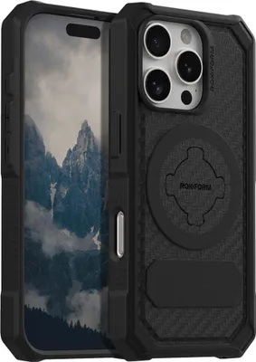 A black rugged phone case for an iPhone 16 Pro is shown with a mountain landscape on the phone screen.