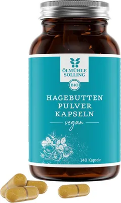 Produktbild von ÖLMÜHLE SOLLING  Hagebutten Kapseln – 140 Stück – 530 mg Hagebuttenpulver pro Kapsel – ballaststoffreich – pflanzliche Kapselhülle