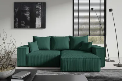 Produktbild von Ecksofa MINI POSSO von ANTONIO L-Form mit Schlaffunktion und Bettkästen in Dunkelgrün Cordbezug, Schenkel Ottomane rechts oder links
