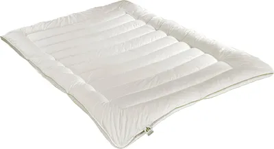 A white comforter or duvet laid flat on a white background.