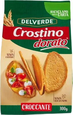 The image shows the packaging of a food product, specifically crostini.