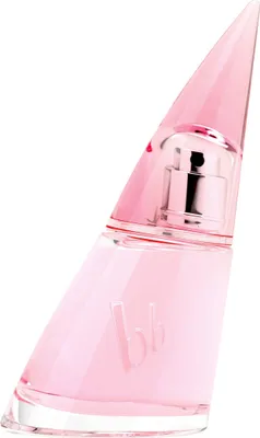 A pink perfume bottle with a pointed cap.