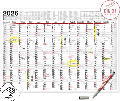 Produktbild von XXL Wandkalender abwischbar 2026 - gerollter Versand inkl. Stift. | Großer Jahresplaner abwischbar Kalender 2026 | Größer als A1