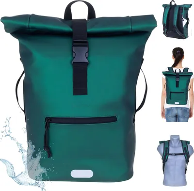 A collage of images showing a green roll-top rucksack from different angles and on a person.
