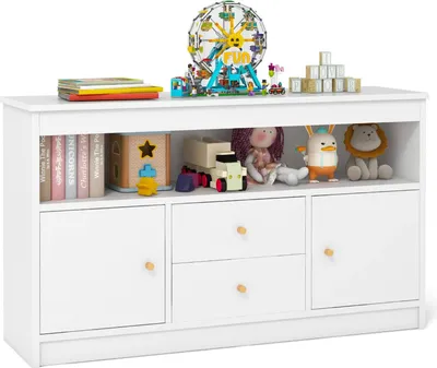 Produktbild von Spielzeugschrank für Kinder - Aufbewahrungsschrank - Holz - 2 Schubladen - 2 Türen - Regale - Weiß