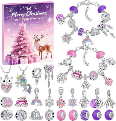 Immagine prodotto di Calendario dell'Avvento 2025 per bambini - Per ragazze - Calendario di Natale - Gioielli - Artigianato - Ragazze con braccialetti e collane - Set di creazione di gioielli