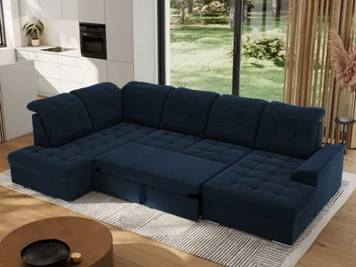 Produktbild von MKS MEBLE Ecksofa Wohnlandschaft U-Form, Sofa mit Schlaffunktion, Schlafsofa mit bettkasten, Couch mit Schlaffunktion - Dunkelblau Velvet - Madrito U - links