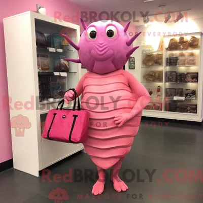 Obrázok produktu pre Maskot spoločnosti REDBROKOLY, ružový trilobit, oblečený v plisovanej sukni a s kabelkami