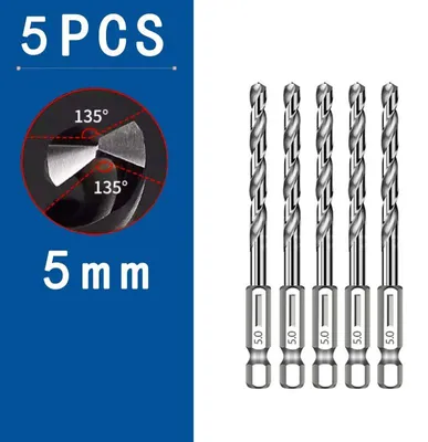 Produktbild von 5er Set HSS Spiralbohrer 6,35 mm Sechskantschaft Edelstahl Metall Stahl Legierung Bohrerset Metallbohrer Schnellwechsel - Größe: 5pcs 5mm