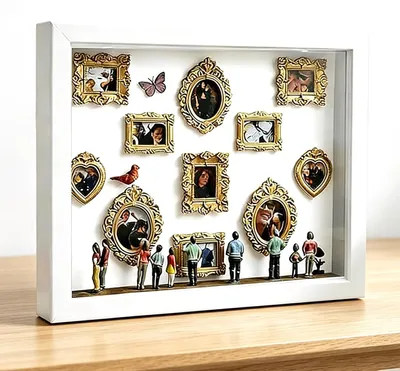 Produktbild von DIY Mini Museum Silhouette Box, Foto Erinnerungsanzeige Set mit 8 Mini Goldene Rahmen & 8 Zufällig Figuren, Kreativer Bilderrahmen mit LED Licht, Idee für Jahrestag Geschenke Freunde (Weiß)