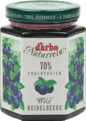 Produktbild von Food-United FRUCHTAUFSTRICH DARBO Wild-Heidelbeere 200g Glas Naturrein Blaubeere fruchtiger fruit spread perfekt für Brot und Brötchen Kuchen Torten Frühstück Gebäck Quark Porridge Puddings Eiscremes Füllungen