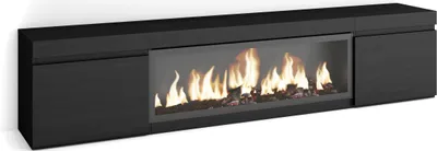 A black media console with an electric fireplace.