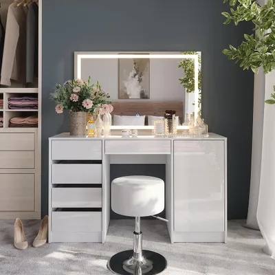 Immagine prodotto di Tavolo da toeletta Vicco Sherry Bianco/bianco lucido 128.2 cm con specchio LED e sgabello, Model 57642