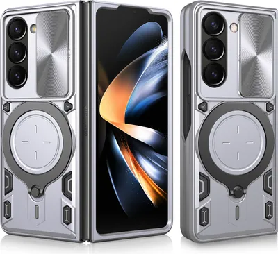 Produktbild von Handyhülle für Samsung Galaxy Z Fold 5 Dual-Layer Stoßfest Rüstung Hülle mit Dia Kameraschutz und Kreisförmig Ring Ständer Silber