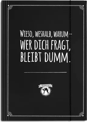 Produktbild von Pechkeks Sammelmappe A4 mit Spruch „Wer Dich fragt bleibt dumm“ für DIN A4 geeignet, mit Gummizug, schwarz,