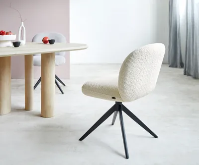 Produktbild von DELIFE Drehstuhl Nube-Flex Bouclé Weiß Kreuzgestell breit Schwarz 360° drehbar Taschenfederkern