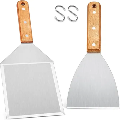 Produktbild von Grillspachtel Set 2 Stück Edelstahl mit Holzgriff für Plancha, Smash Burger, Gasgrill, Feuerplatte, Teppanyaki