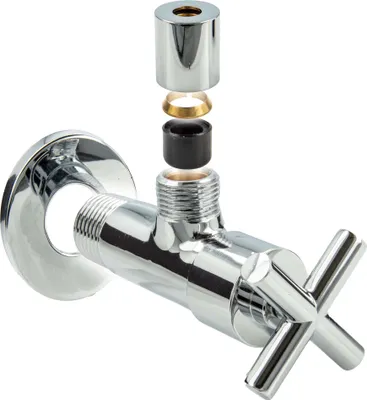 An exploded view of a chrome-plated angle valve with a cross handle.