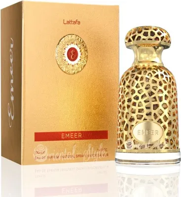 A perfume bottle and its packaging are displayed on a white background.