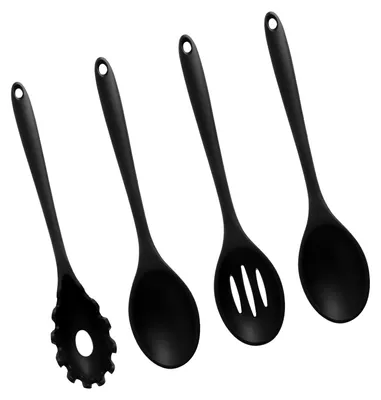 Productafbeelding van 4-delig siliconen kooklepel set, 2 roerlepels, 1 schenkel met gaatje, 1 spaghettilepel