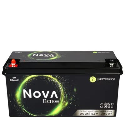 A black battery with green accents and branding, presented on a white background.