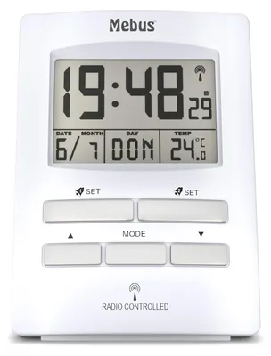 Funk-Wecker digital mit Temperatur, 2 Weckzeiten, Kalender, weiß