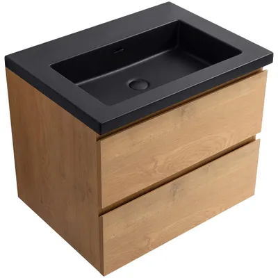 Image de CERANO - Meuble de salle de bains Carole - chêne miel + lavabo en marbre synthétique Ovo - noir mat - 60,5 x 53 x 46,5 cm
