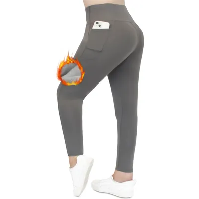 Produktbild von Thermoleggings Übergößen Damen mit Fleece Gefütterte Thermo Leggins Plus Size für Winter High Waist Strumpfhose Kuschelig Warm Elastisch Sport, Grau mit Taschen, Größe 6XL/7XL