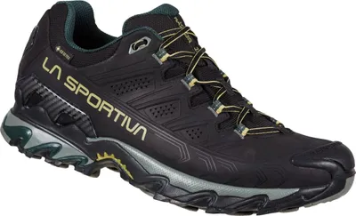 Schwarze Wanderschuhe "Ultra Raptor II Leather Wide GTX" von La Sportiva; mit grünem Akzent und robustem Profil.