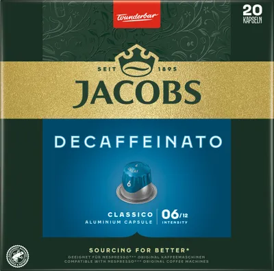 A box of Jacobs Decaffeinato coffee capsules.