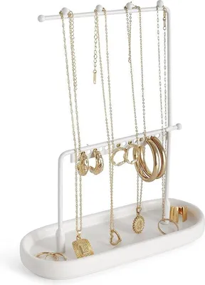Produktbild von Sicherheitsbox Weiß | Schmuckorganisator | Metallischer Schmuckbaum für Schmuckketten und Keramikschmuckbox für Ringe, Ohrringe, Armbänder, Uhren und Accessoires | 17,5 x 7 x 22 cm
