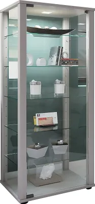 Produktbild von Glasvitrine stehend | Vitrine Glas mit ESG-Sicherheitsglas | Maße ca. H. 115 x B. 50 x T. 38 cm | Standvitrine Glas | Modern und platzsparend | Glas Vitrinenschrank – Kavisa L Silber