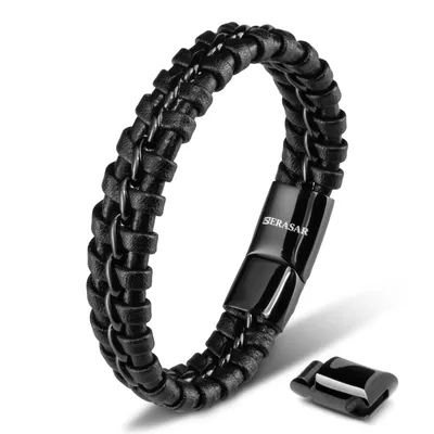 Image de SERASAR - Bracelet en cuir pour homme [Joy] en acier inoxydable | Couleur : Noir | Longueur : 20cm