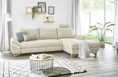Produktbild von Ecksofa "Skalm" in beige Struktur-Stoff Sofa mit Bettfunktion und Stauraum 284 cm