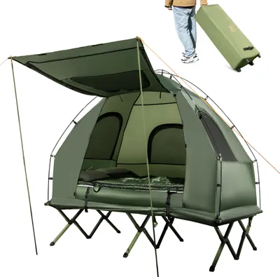 Produktbild von COSTWAY Feldbett mit Zelt für 2 Personen, Campingliege mit Vorzelt, Luftmatratze, Schlafsack, 2 Kissen und Tragetasche, rollbar, 194x145x187cm