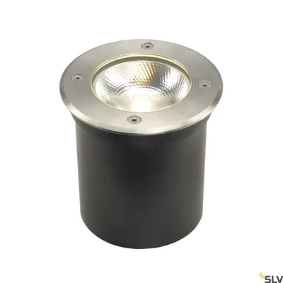 A black cylindrical ground light with a silver rim and a bright light source.