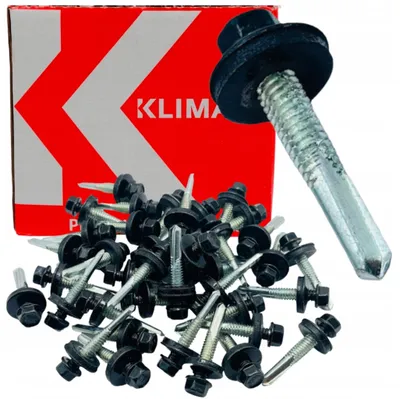 A pile of self-drilling screws with black heads and silver threaded shafts, next to a red and white box with the brand name 'KLIMAS' visible.